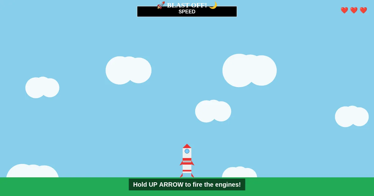 Blast Off — a rocket waiting on the launch pad beneath a bright blue sky