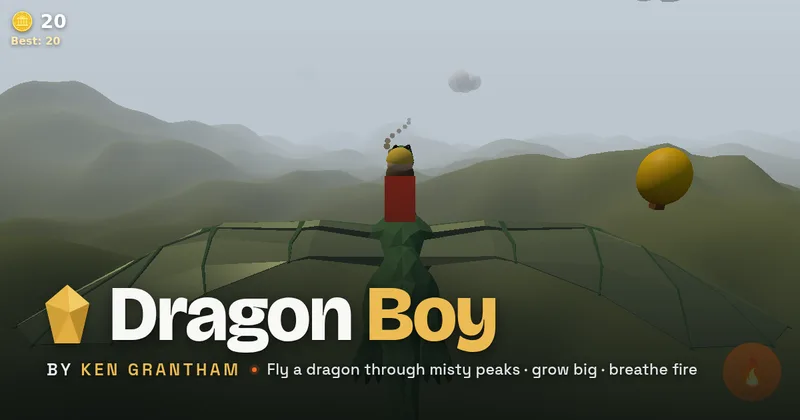 Dragon Boy — a low-poly green dragon with a young rider soars over misty mountains