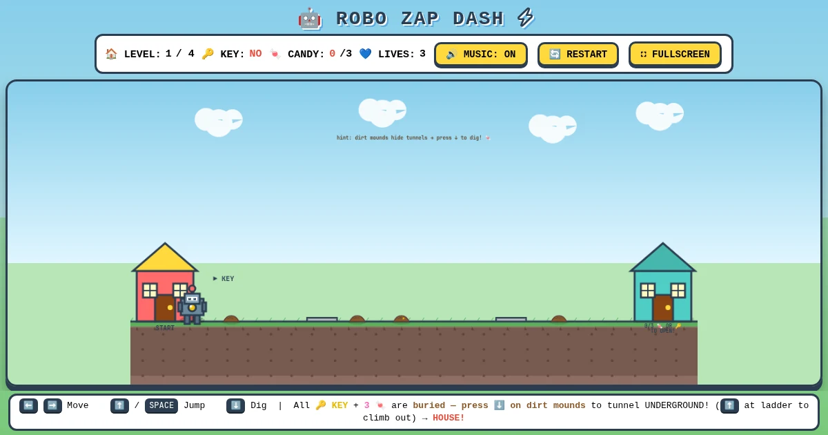 Robo Zap Dash — a blue robot, colourful houses, electric zaps, and buried treasures